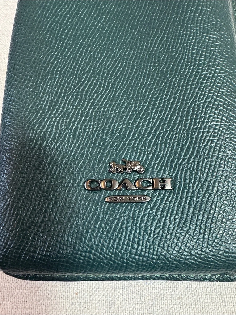 Coach Teal Pebbled Leather Crossbody Phone Pouch with Chain Strap